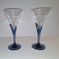 2 House Of Courvoisier Cognac Martini Glasses w/Blue Tulip Stem Etched CV VTG 