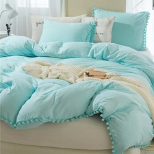 Turquoise Pom Duvet Cover Queen Size - 3 Piece Aqua Boho Bohemian Farmhouse M...