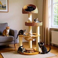 59inch Modern Oak Wood Cat Tree Tower for Indoor Large Cats with White Cloud Mat