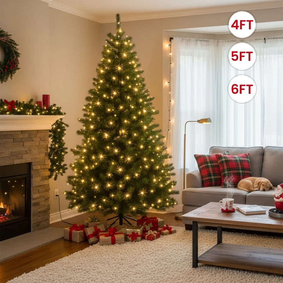 TRIMMING SHOP 4/5/6ft Pre Lit Christmas Tree with LED Lights Bushy Tips Artificial Xmas Tree