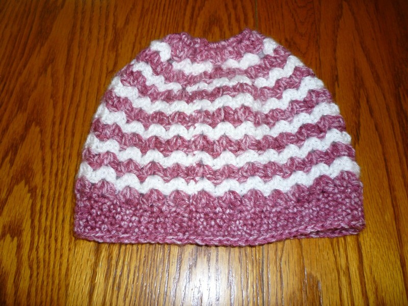 HANDMADE CROCHETED MAUVE & WHITE PONYTAIL ADULT HAT - So Soft & Pretty!