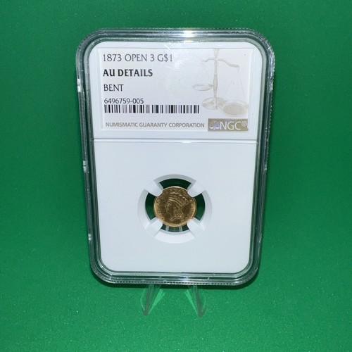 1873 Open 3 GOLD $1 Coin Ngc AU Details Bent Contains 90% GOLD‼️🔥 - Picture 2 of 16