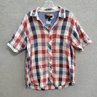 Club Room Men Button Up Shirt Medium Red Blue Plaid Linen Blend Short Sleeve