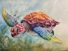 A4 Fine Art Giclee Print Of A Rainbow Turtle. Marine Wildlife Colourful Fun Home