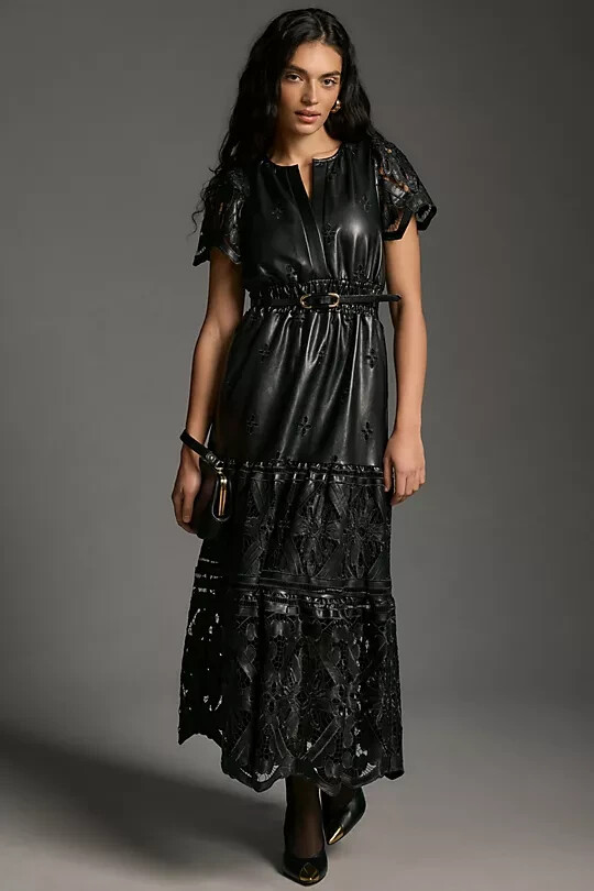 anthropologie leather dress Somerset Maxi Faux Embroidered Edition Sz XS Paige fiorella