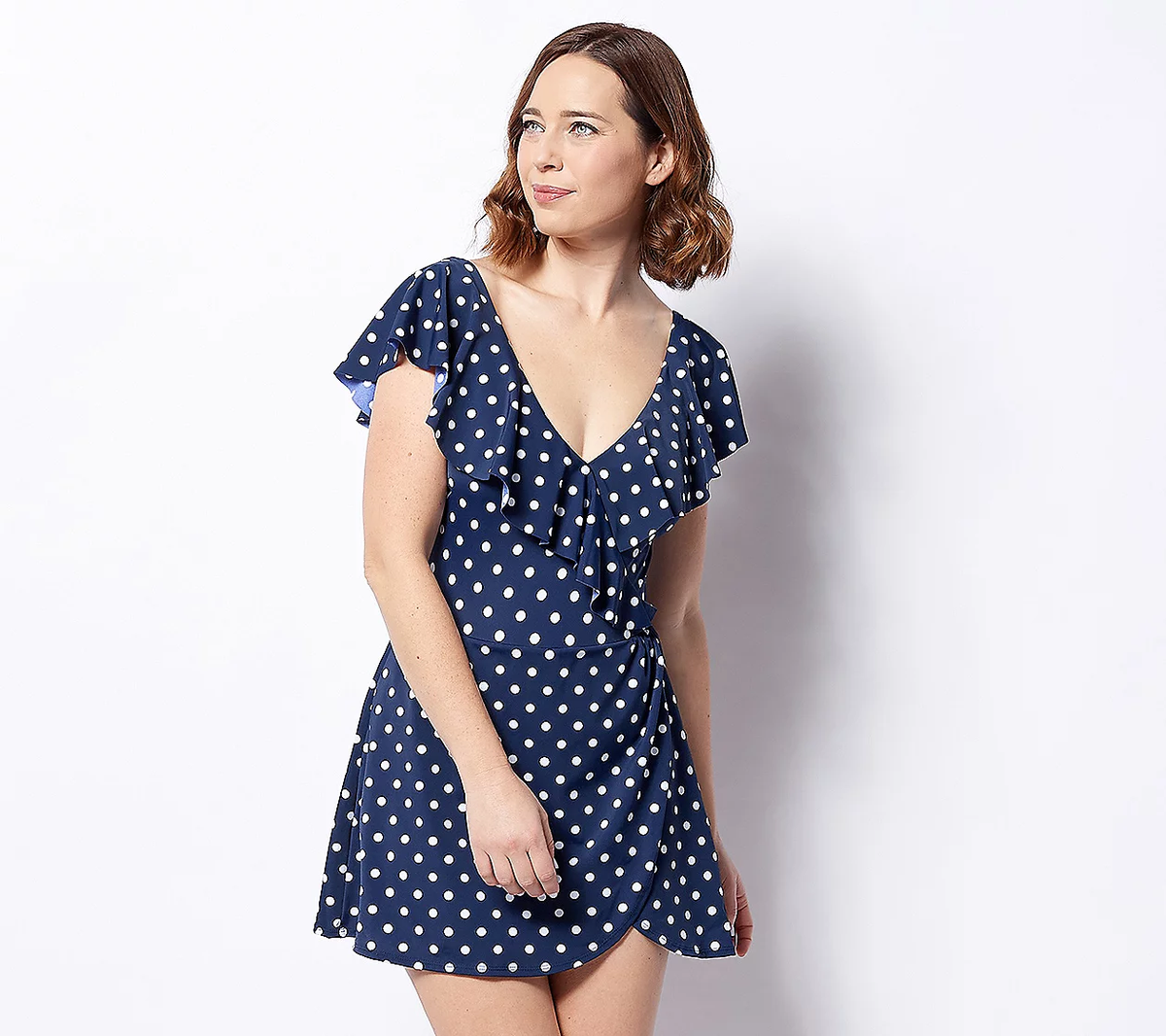 Denim \u0026 Co. Surplice Flounce Sleeve Swim Dress Navy Dot 16 New | eBay