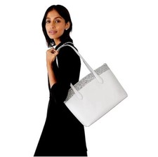 NWT Kate Spade Flash Glitter Large White Leather Tote Satchel Bag Silver Sparkle