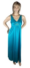 Vintage Lorraine Turquoise Blue Antron III Nylon Satin  Sheer Lace Nightgown M