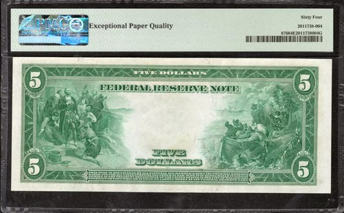 1914 $5 FEDERAL RESERVE NOTE MINNEAPOLIS FR.876 BURKE McADOO PMG CU 64 EPQ (656A - Picture 2 of 2