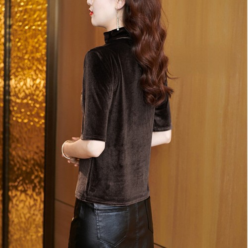 Women Velvet Shirt Tops Blouse T-shirts Retro Turtle Neck Half Sleeve Casual - Picture 7 of 13