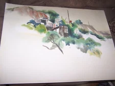 Original Watercolor Peg Humphreys, High Up on the Hill on both sides 22" x 30"