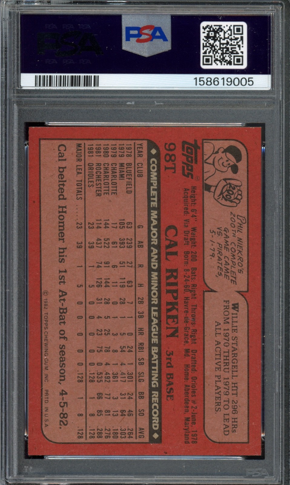 1982 Topps Traded #98T Cal Ripken Jr Rookie PSA 8 Vintage HOF RC Baseball Card view 2