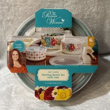 Pioneer Woman Nesting Bowl Set Fancy Flourish Floral w/Lids Round Ceramic