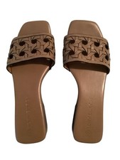 TORY BURCH Basket Weave Clog Wood Platform Slide Sandals Brown Leather SZ 7.5