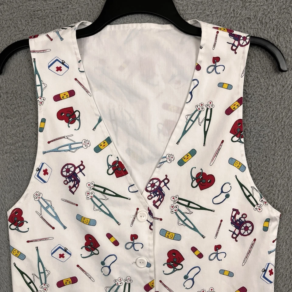 VTG Nurse Vest Womens XS/S Handmade Doctor Medical All Over Print Crutches Heart - Image 3 of 4