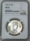 1961-D Franklin Half Dollar NGC MS63 95% FBL Frosty White PQ New Holder #R320B