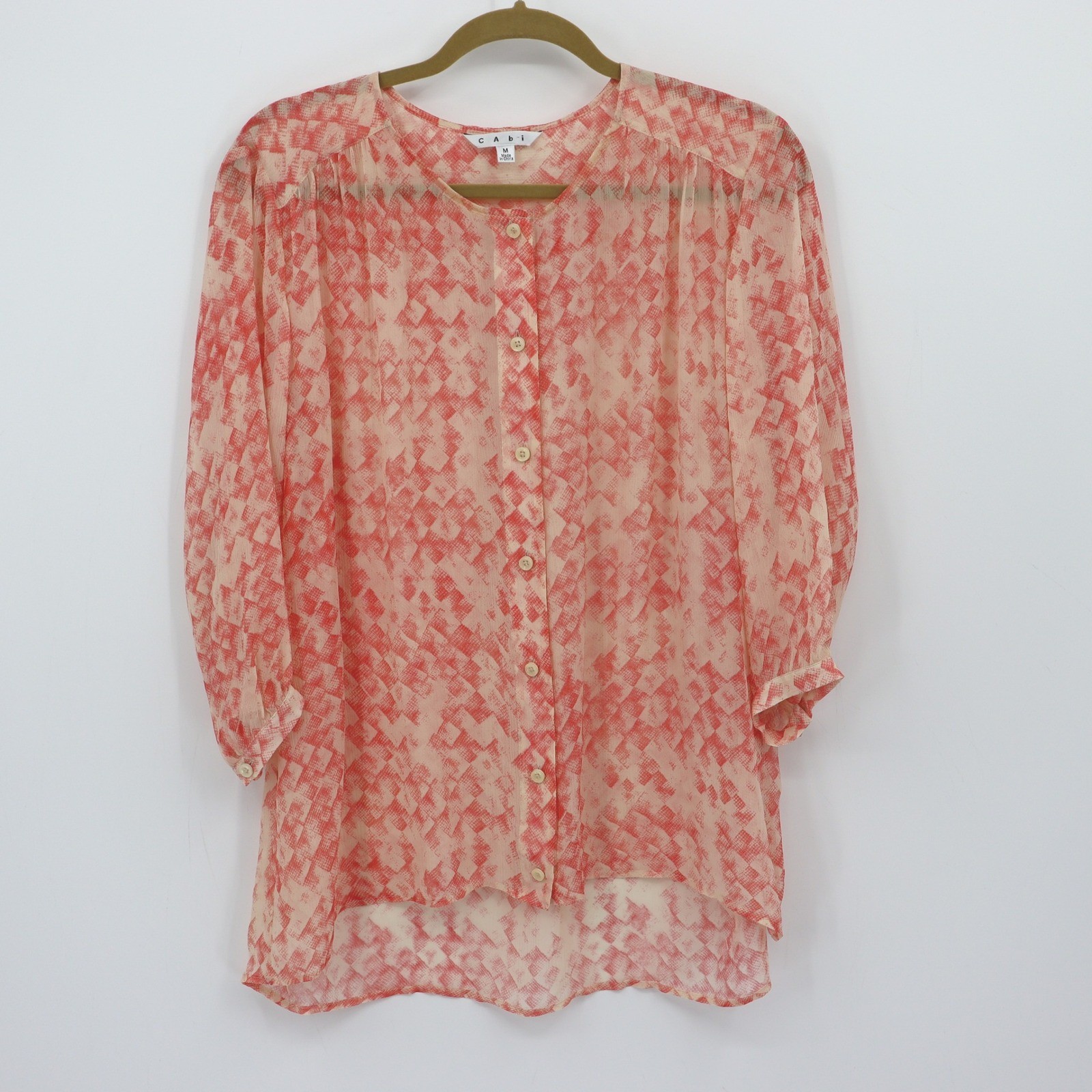 Cabi Semi Sheer Button Down Top Womens M Coral Boho Cottagecore Peasant Prairie