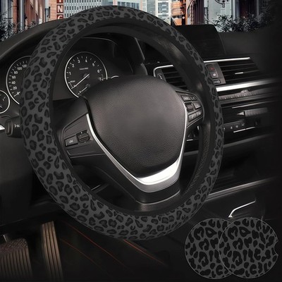 Black Leopard Print Steering Wheel Cover for Women, Universal Fit 14.5-15 Inc...