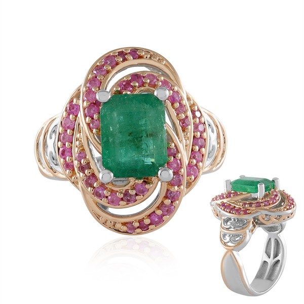 Cavill Ring 2,7Ct Sambia Smaragd Sterlingsilber 925 Rosa Saphire Damen--image