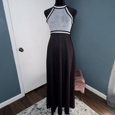 Vintage 60's 70's Mod Empire Waist Silver Black Halter Knit Maxi Dress XS/S  | eBay