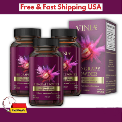 #ad 3 Packs Vinia Red Grape Powder Rapid Absorbtion Piceid Resveratrol 180Capsules $35.99