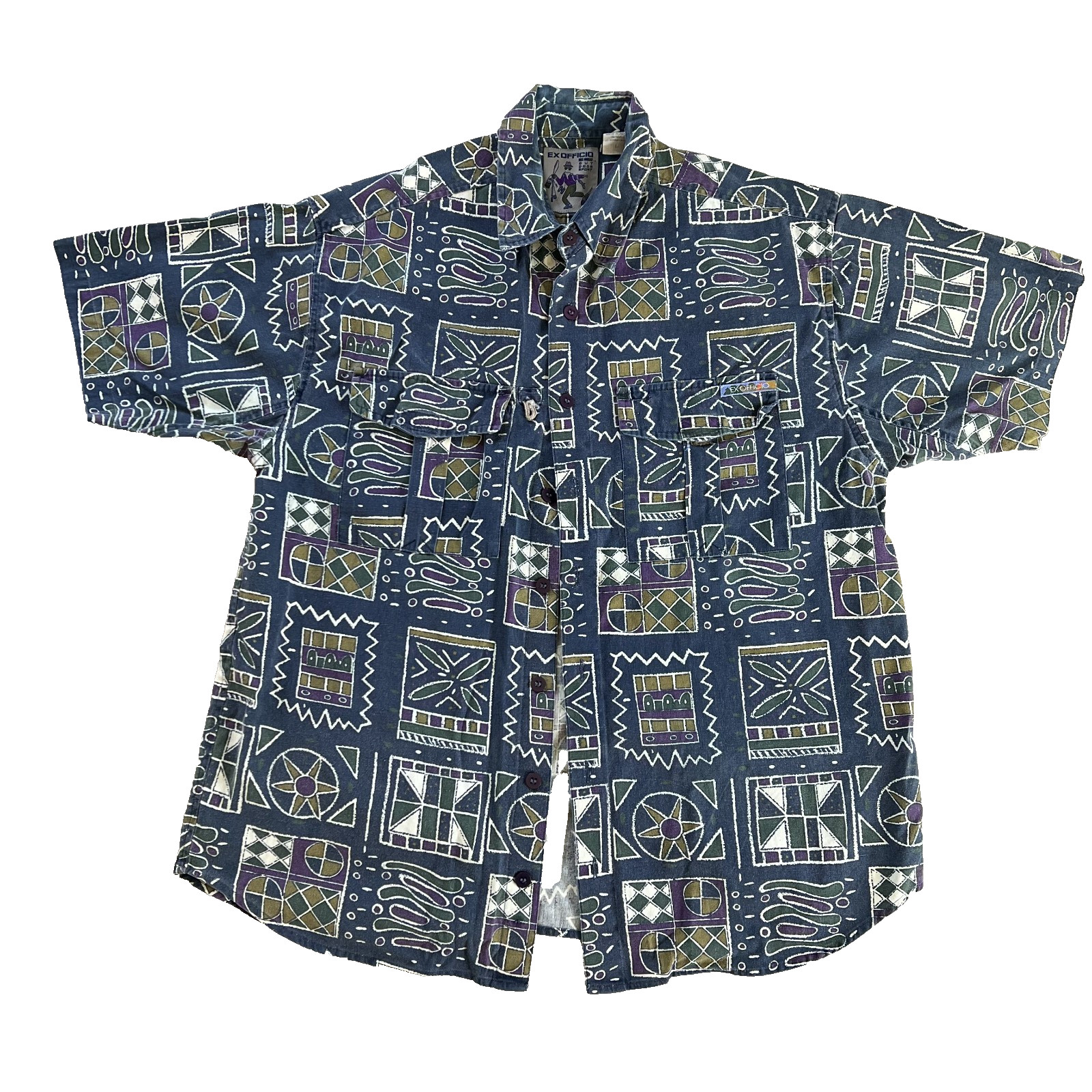 Vintage Patterned ExOfficio Collared Button-Up Sh… - image 1
