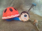 Vintage 1961 Fisher Price Red Wooden Ladybug Pull Toy w/ plastic twirling body