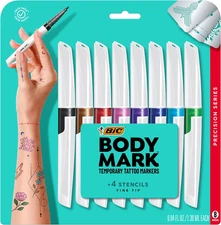 Bodymark Temporary Tattoo Markers for Skin, Precision Series, Fine Tip, 8-Count 