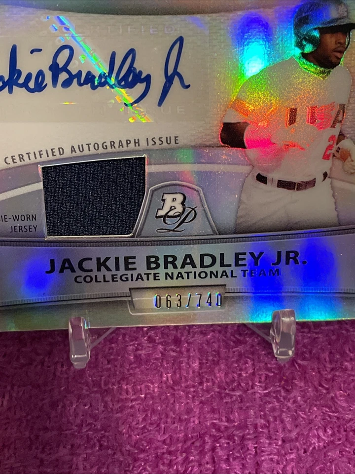 2010 JACKIE BRADLEY JR RC BOWMAN PLATINUM REFRACTOR GAME-WORN AUTO JERSEY #d/740 - Image 2 of 4