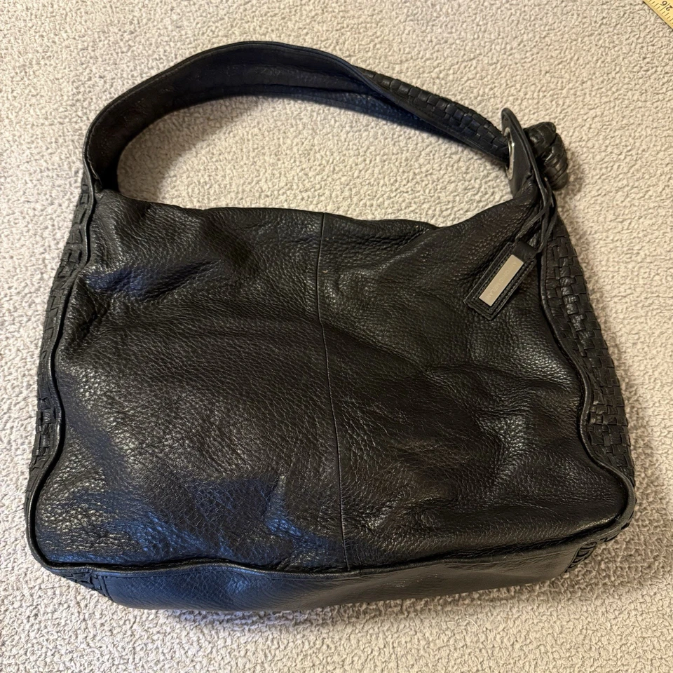 Antonio Melani Black Leather Hobo Satchel Shoulder Bag Purse Braided Strap - Image 4 of 4