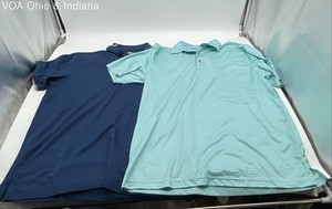 Greg Norman Men's Golf Polo Shirts Lot of 2 Navy Solid Light Blue Striped Sz L