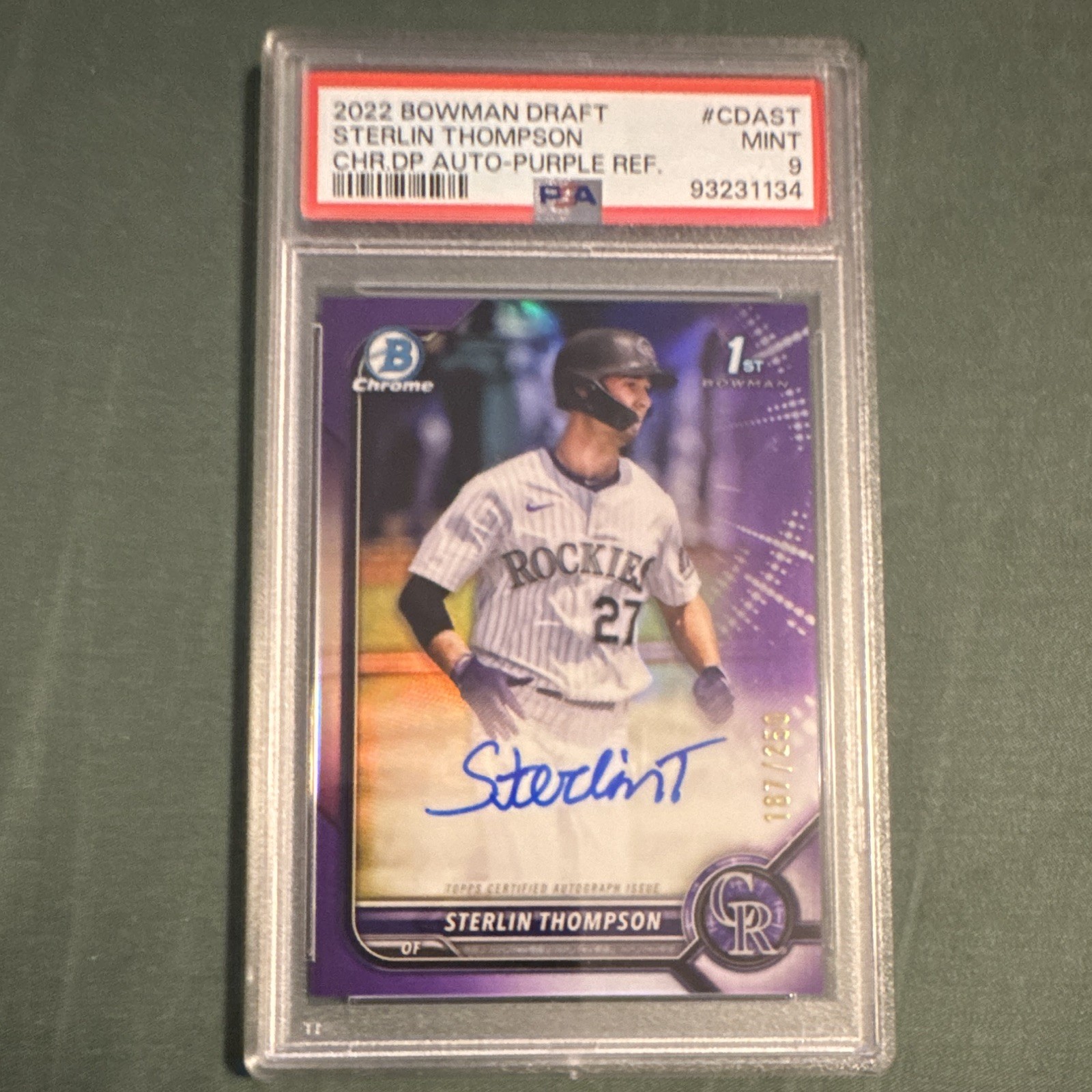 2022 Bowman Draft Sterlin Thompson RC Auto Purple Refractor /250 #CDA-ST PSA 9