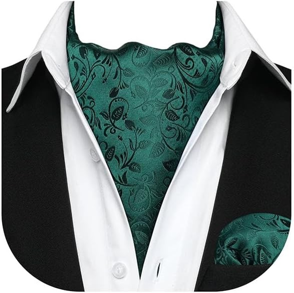 HISDERN Men's Green Paisley Ascot Tie and Pocket Square Set A-02