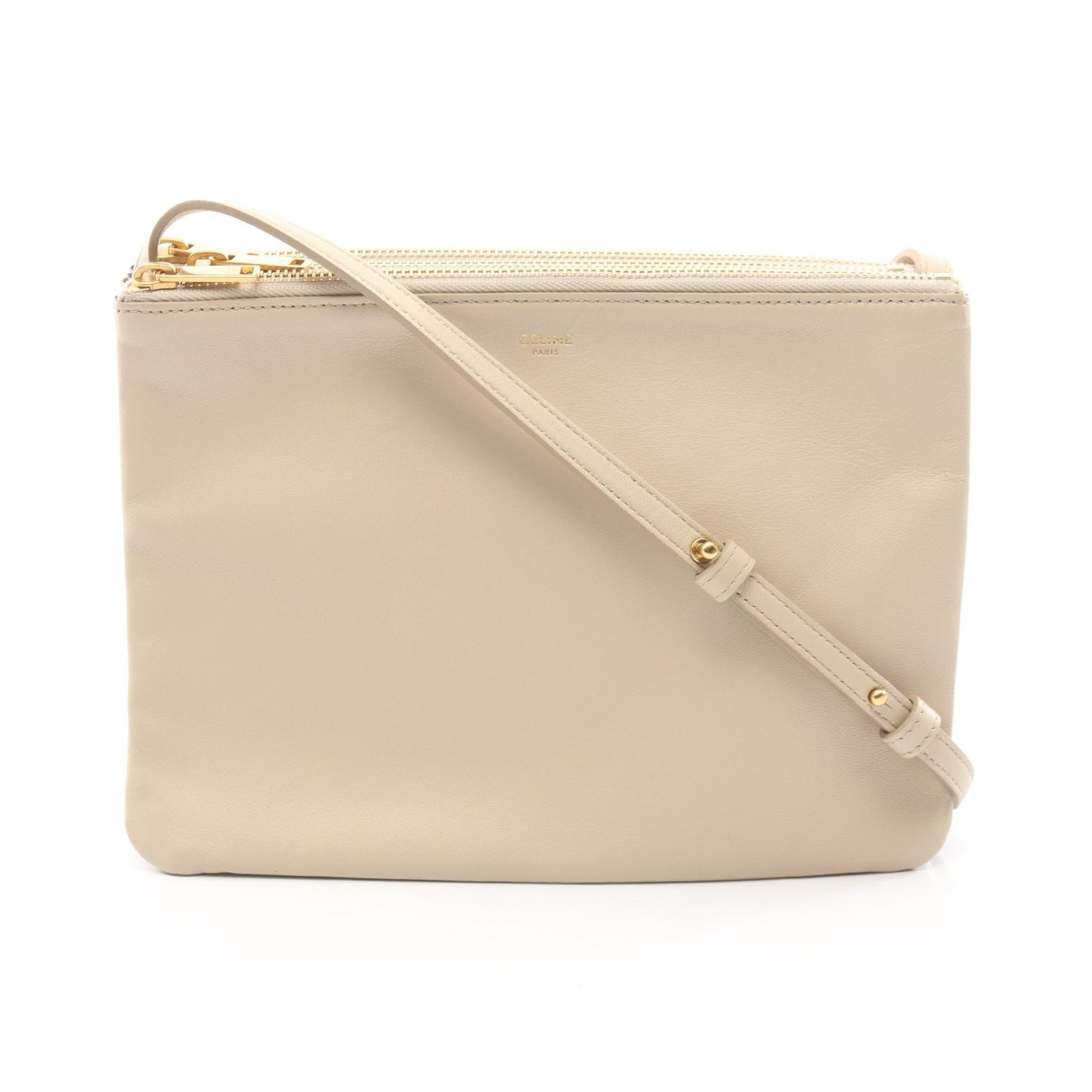 Celine Trio Large Shoulder Bag Beige Leather 9.8x6.9 in With Strap