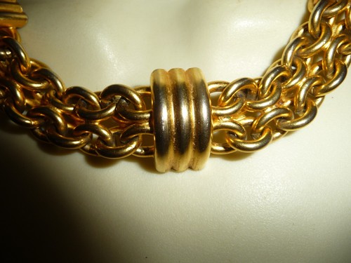 HEAVY GOLD TONE 2 ROWS LINK CHAIN W BARS COLLAR STATEMENTL NECKLACE #17/14 - Picture 3 of 9