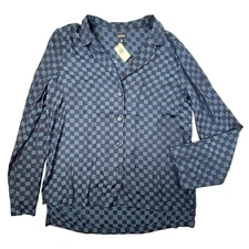 NEW Gap Body Navy Check Long Sleeve Lounge Sleep Shirt Women XS Blue Satin