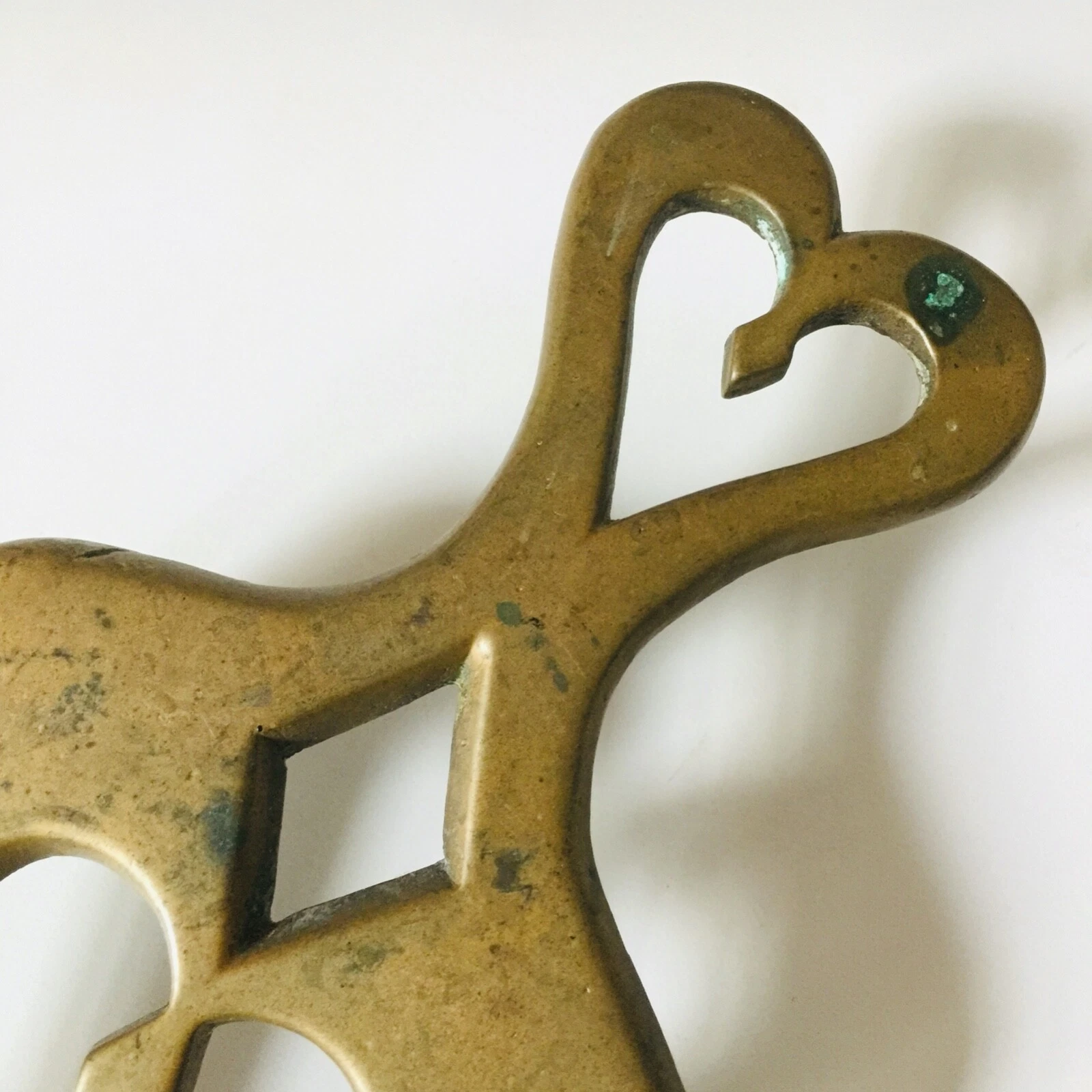 ANTIQUE Solid CAST BRASS Double Heart Design TRIVET Original HTF VTG 10.7" x 4" - product detail image 7