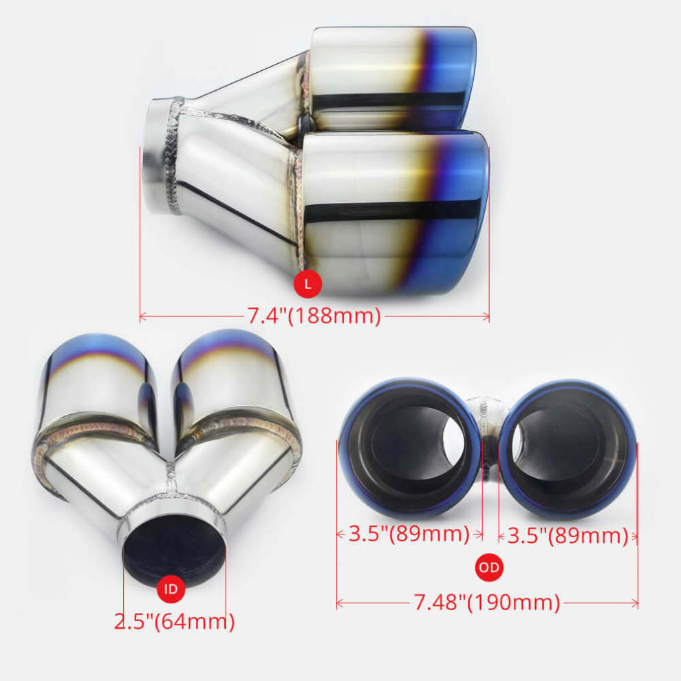 Blue Burnt Exhaust Tips 2.5" Inlet Quad 3.5" Out Slant Cut Rolled Out