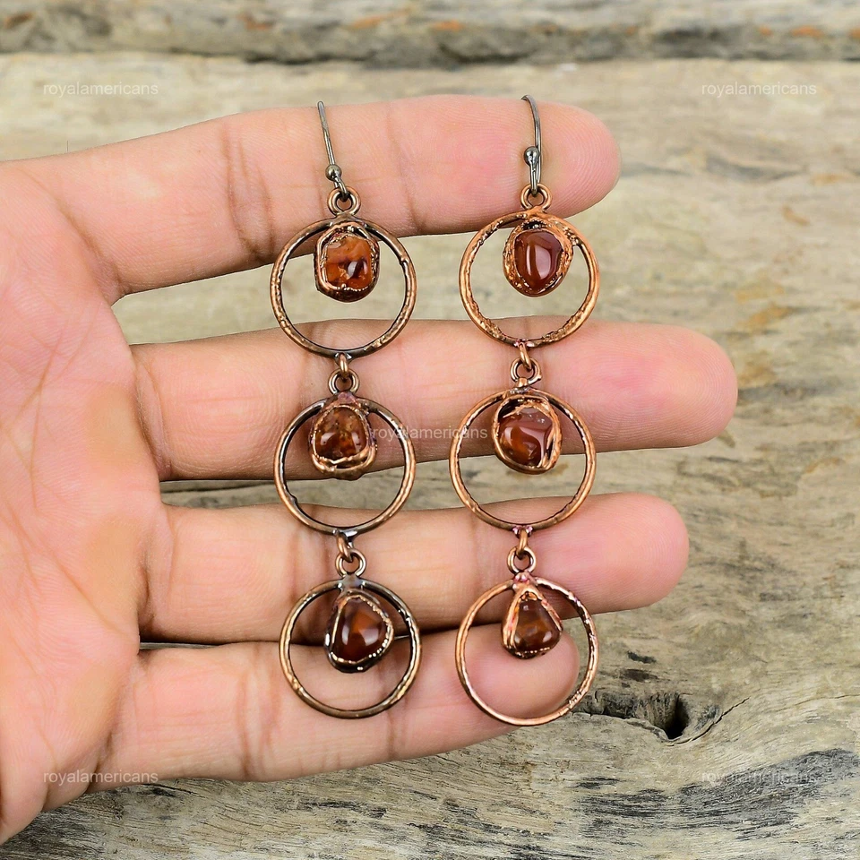 Pendientes electroformados artesanales aniversario gancho gota cobre piedras preciosas cornalina Foto 4 de 4
