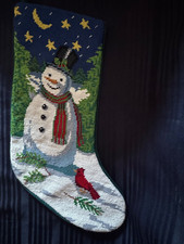 Needlepoint Christmas Snowman and Red Cardinal 18" Long With Green Velvet Back
