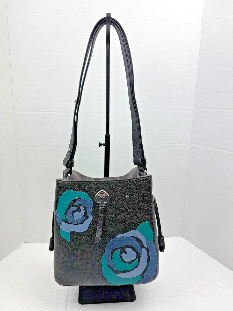 Kate Spade Marti Floral Small Bucket Bag Black with Blue Flower