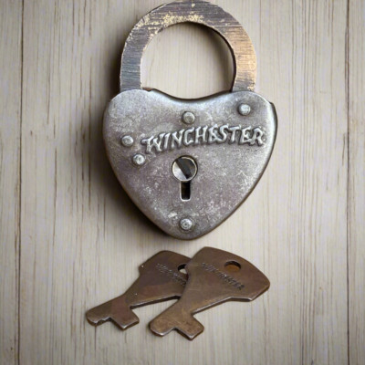 Winchester Heart Lock With Raised Lettering & Antique Finish (2.25'' x 1.5'')