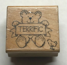 Wood/Rubber Stamp Terrific Teddy Bear Holding Banner