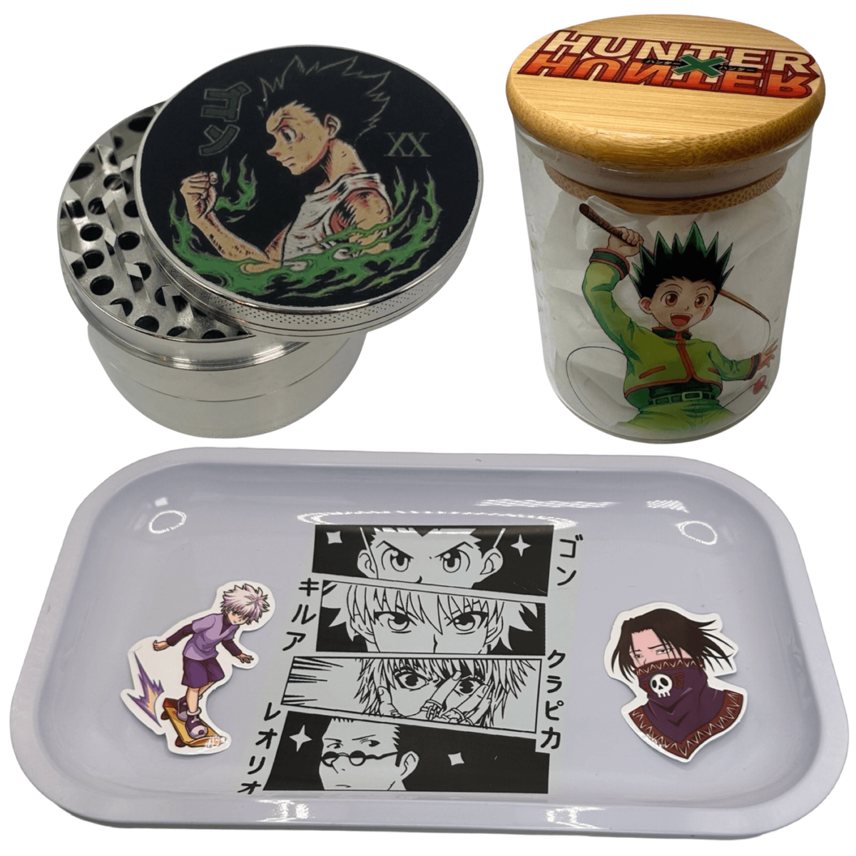 Hunter Hunter HxH Anime Herb Grinder, Stash Jar, Rolling Tray Set