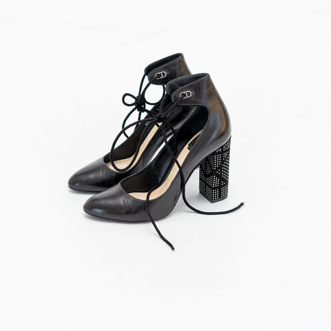 Escarpins à nouer cheville Dior cuir noir talon bloc 37
