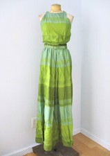 Vtg 70s green ombre stripe tweedy maxi dress belt button shoulder TALON zip S