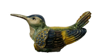 Enameled & Jeweled Trinket Box Blue Bird Nesting Metal Hinge Magnetic