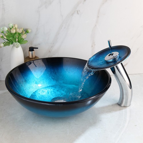 Blue&Black Bathroom Glass Round Sink Washing Bowl Waterfall Faucet Set Mixer Tap - Picture 7 of 12