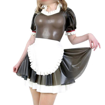 Latex Rubber Gummi Maid Dress Servant Catsuit Uniform Apron Club Wear Cosplay