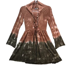 Earthbound Trading Hooded Tie Dye Tunic Top Womens Small Earthtones Cross Laced